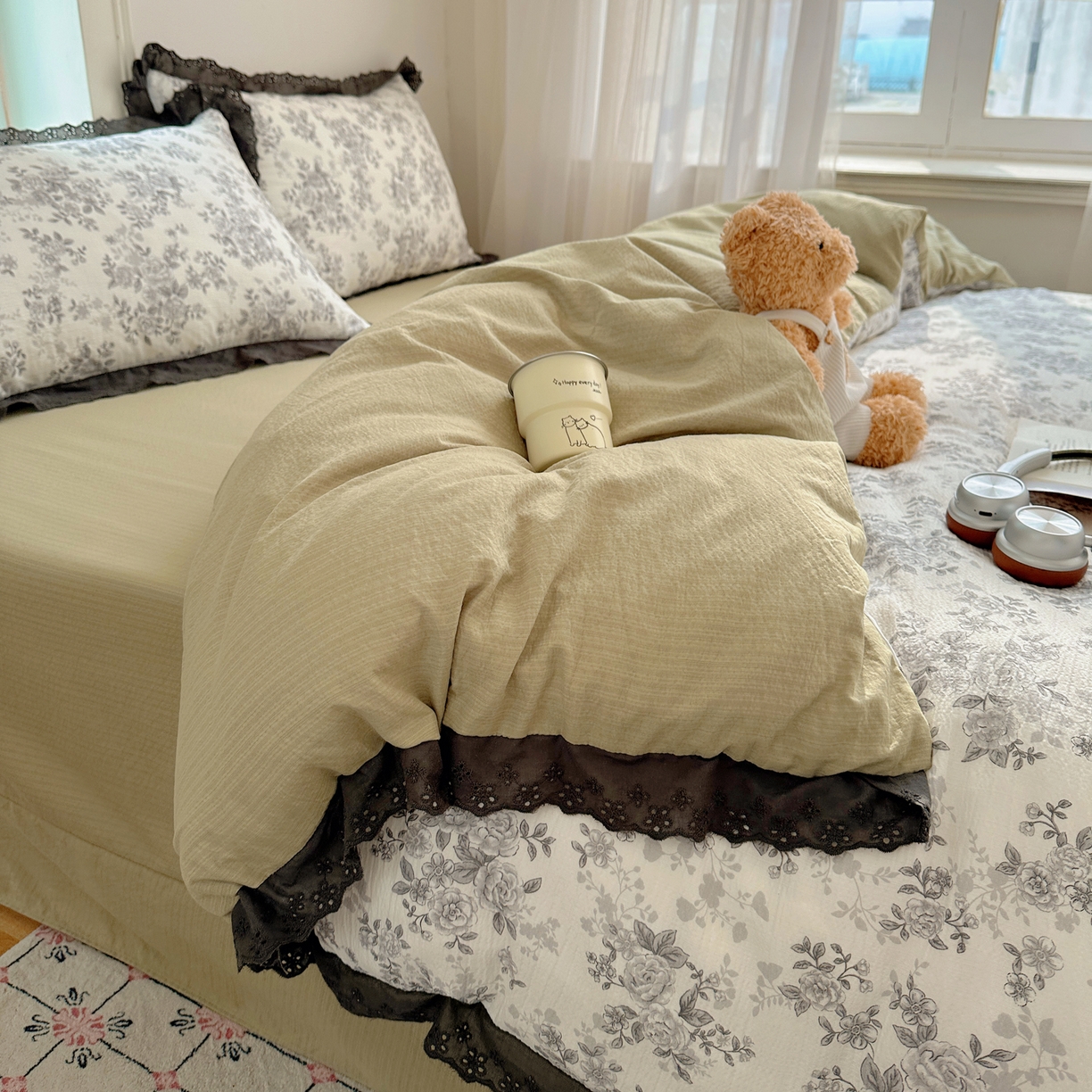 91家纺网 家纺一手货源 找家纺 一比一家纺 2026新款彩色花边木棉皱皱纱四件套 悠然