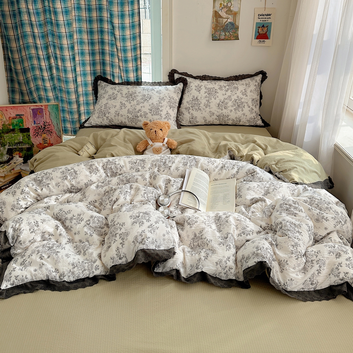 91家纺网 家纺一手货源 找家纺 一比一家纺 2026新款彩色花边木棉皱皱纱四件套 悠然