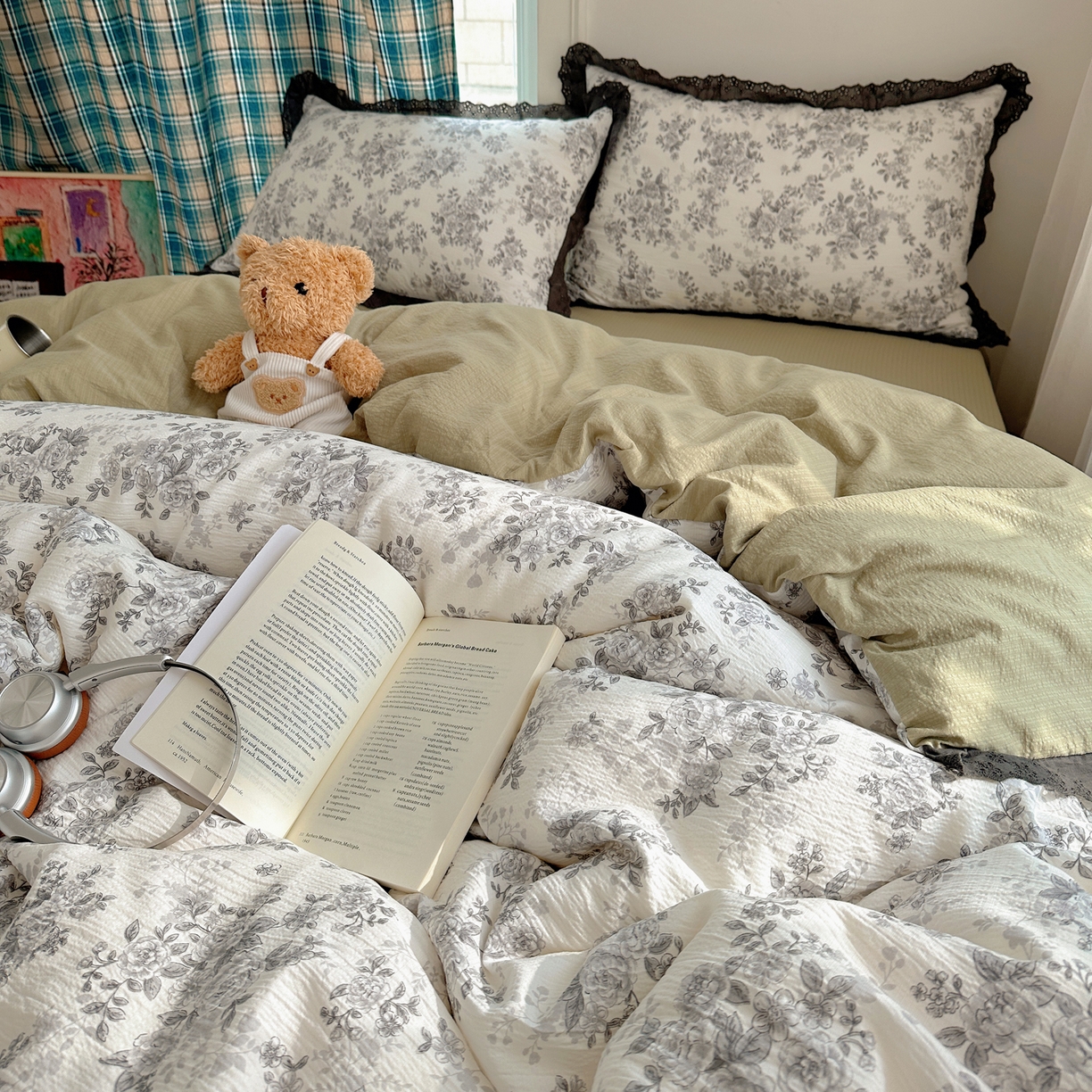 91家纺网 家纺一手货源 找家纺 一比一家纺 2026新款彩色花边木棉皱皱纱四件套 悠然