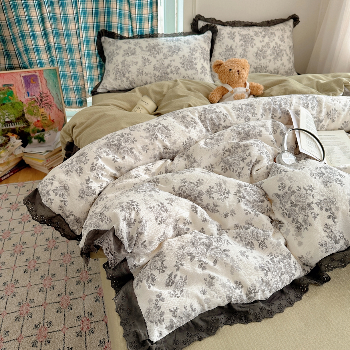 91家纺网 家纺一手货源 找家纺 一比一家纺 2026新款彩色花边木棉皱皱纱四件套 悠然