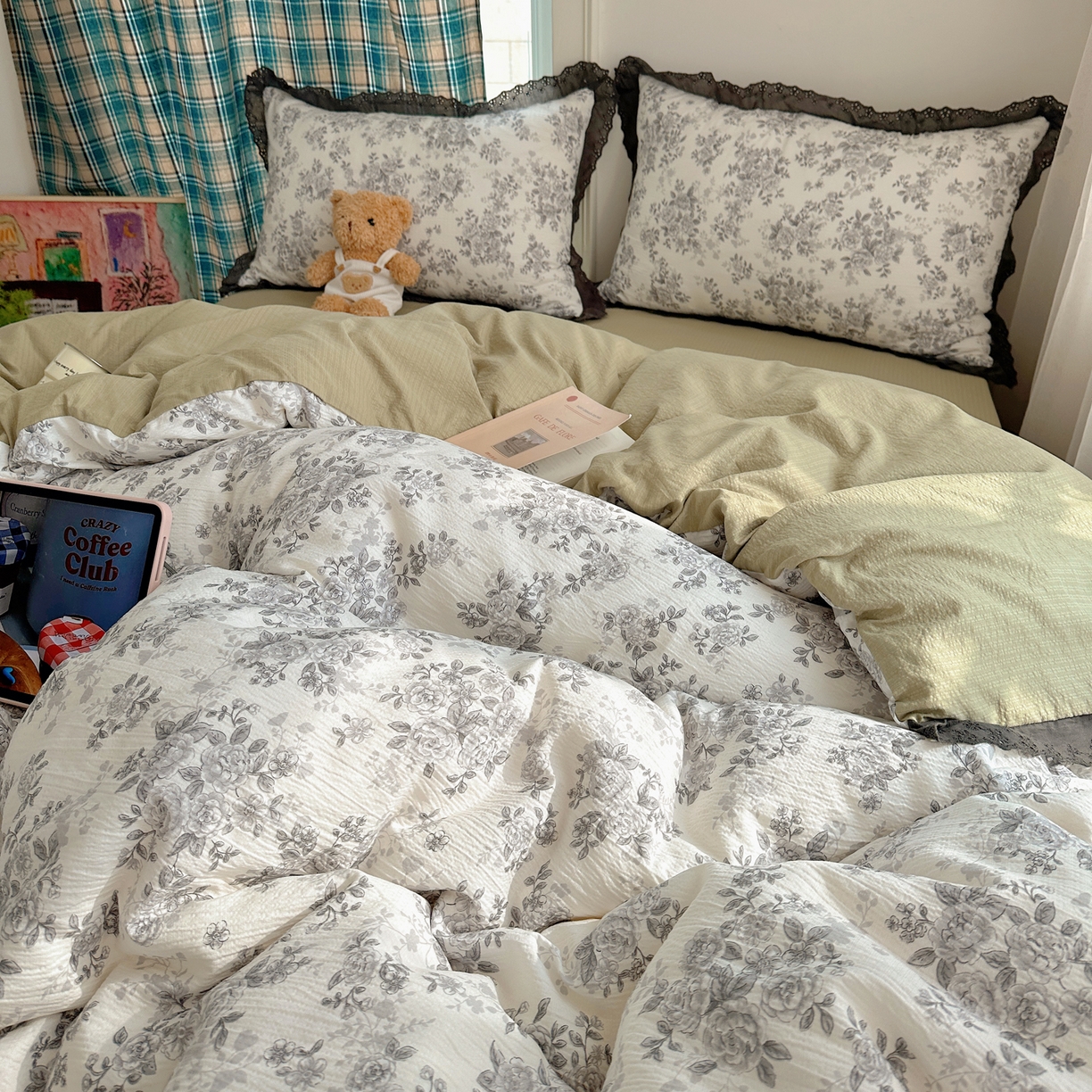 91家纺网 家纺一手货源 找家纺 一比一家纺 2026新款彩色花边木棉皱皱纱四件套 悠然