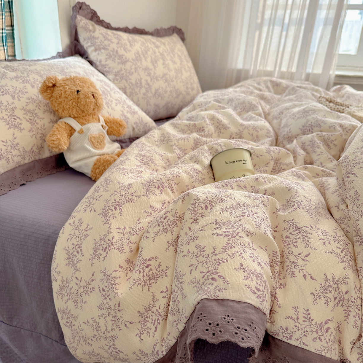 一比一家纺 2026新款彩色花边木棉皱皱纱四件套 紫烟