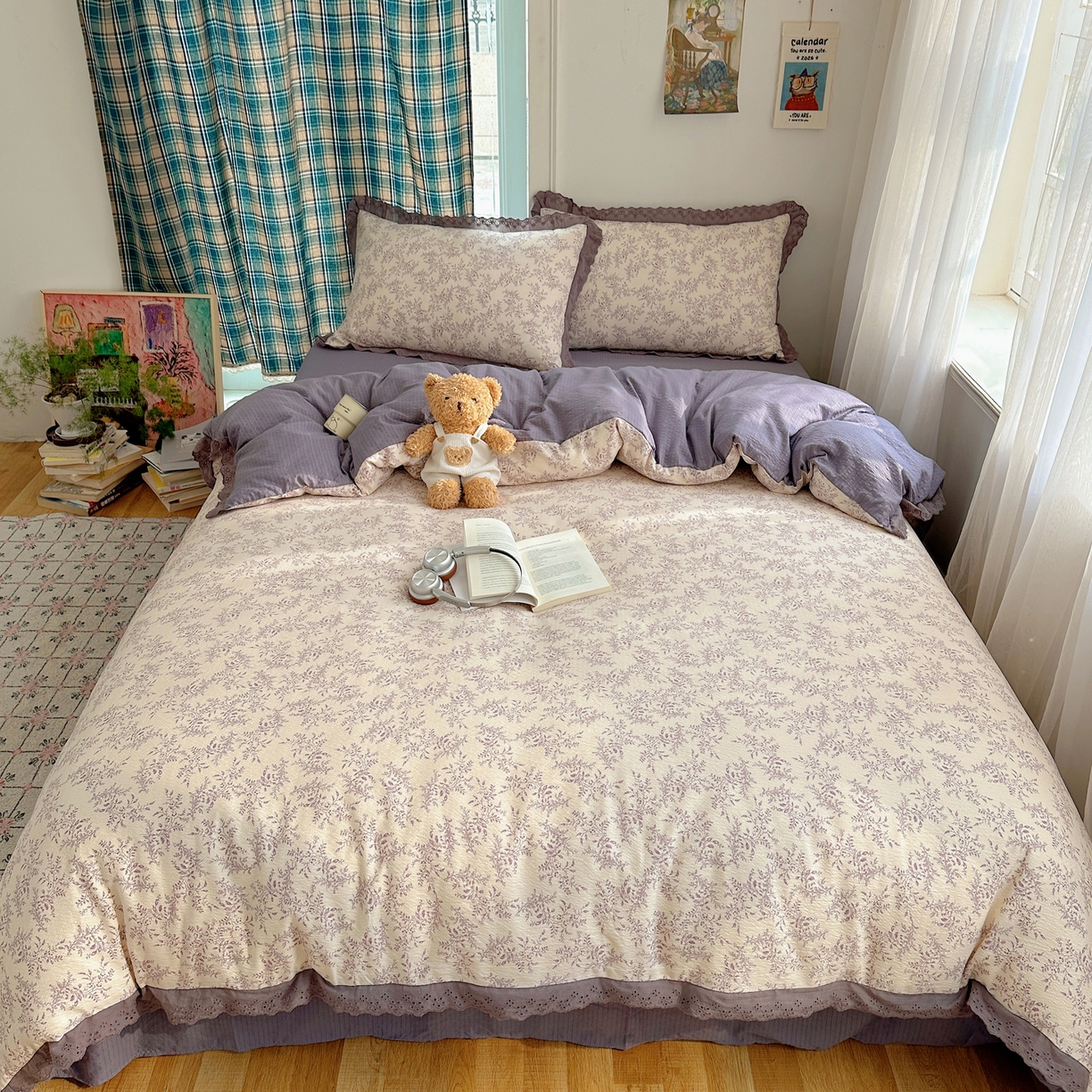 91家纺网 家纺一手货源 找家纺 一比一家纺 2026新款彩色花边木棉皱皱纱四件套 紫烟