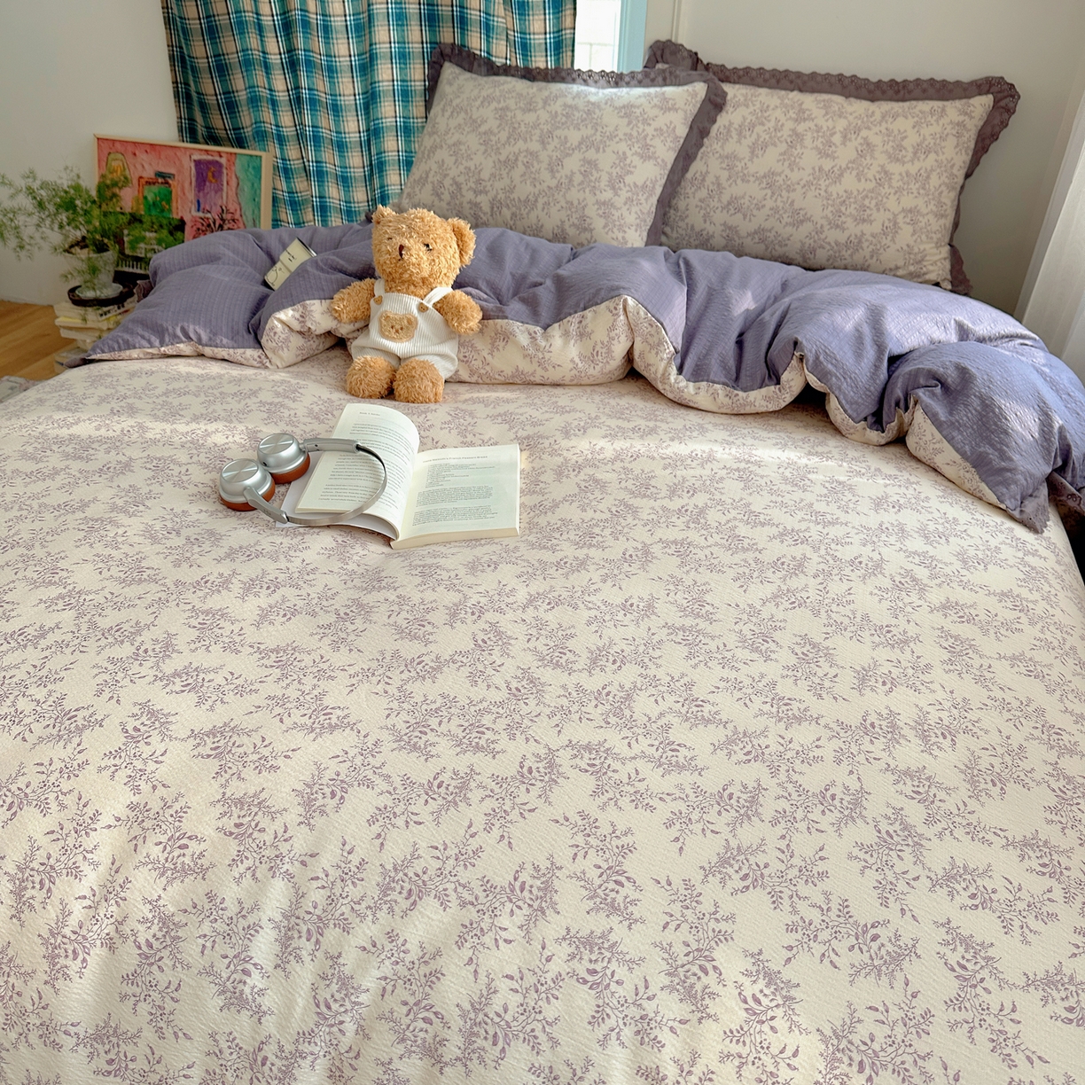 91家纺网 家纺一手货源 找家纺 一比一家纺 2026新款彩色花边木棉皱皱纱四件套 紫烟