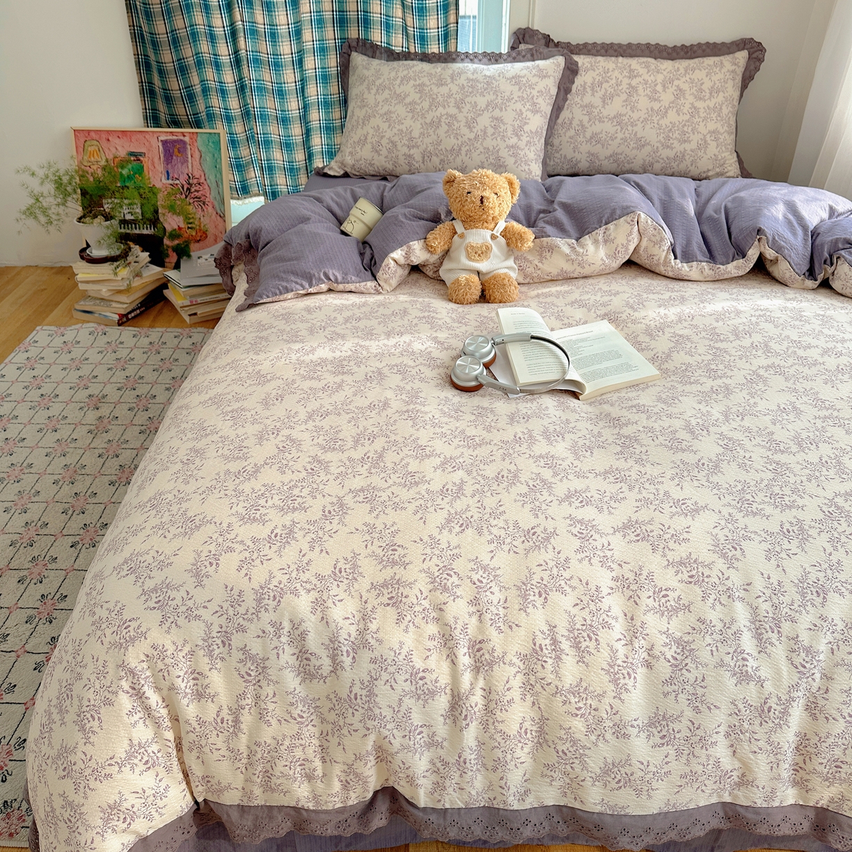 91家纺网 家纺一手货源 找家纺 一比一家纺 2026新款彩色花边木棉皱皱纱四件套 紫烟