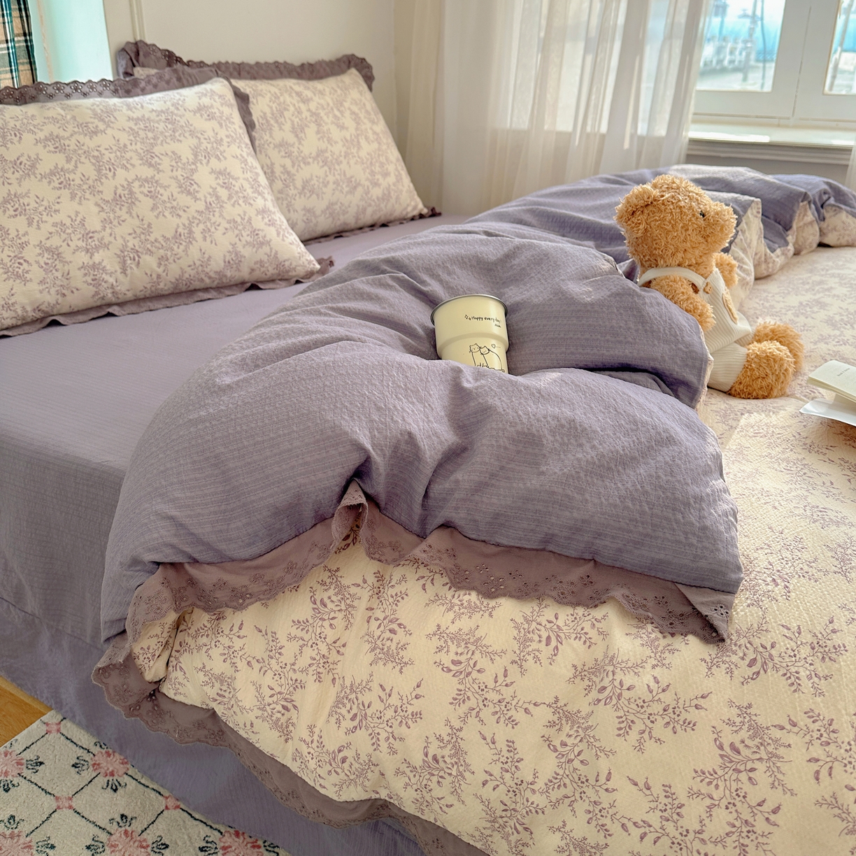 91家纺网 家纺一手货源 找家纺 一比一家纺 2026新款彩色花边木棉皱皱纱四件套 紫烟