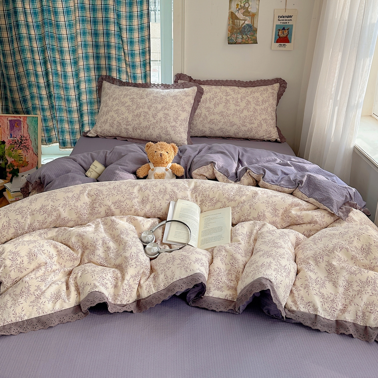 91家纺网 家纺一手货源 找家纺 一比一家纺 2026新款彩色花边木棉皱皱纱四件套 紫烟