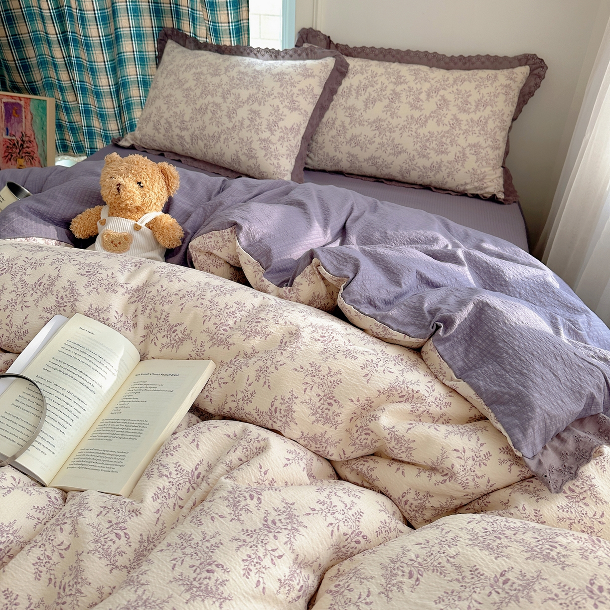 91家纺网 家纺一手货源 找家纺 一比一家纺 2026新款彩色花边木棉皱皱纱四件套 紫烟