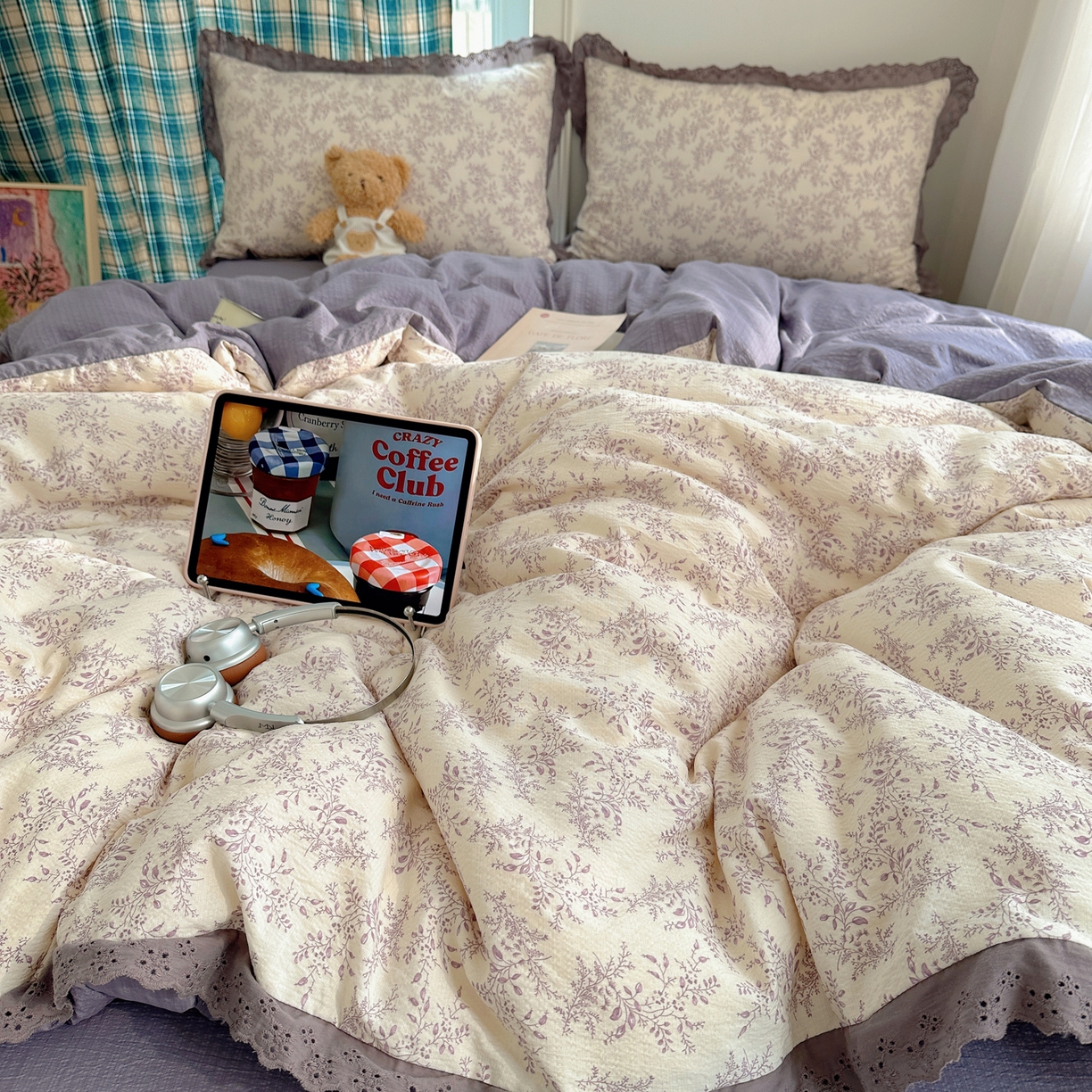 91家纺网 家纺一手货源 找家纺 一比一家纺 2026新款彩色花边木棉皱皱纱四件套 紫烟