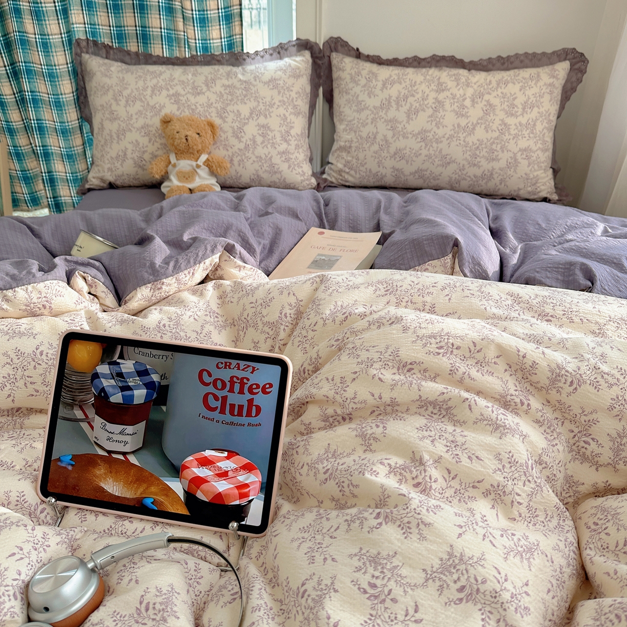 91家纺网 家纺一手货源 找家纺 一比一家纺 2026新款彩色花边木棉皱皱纱四件套 紫烟