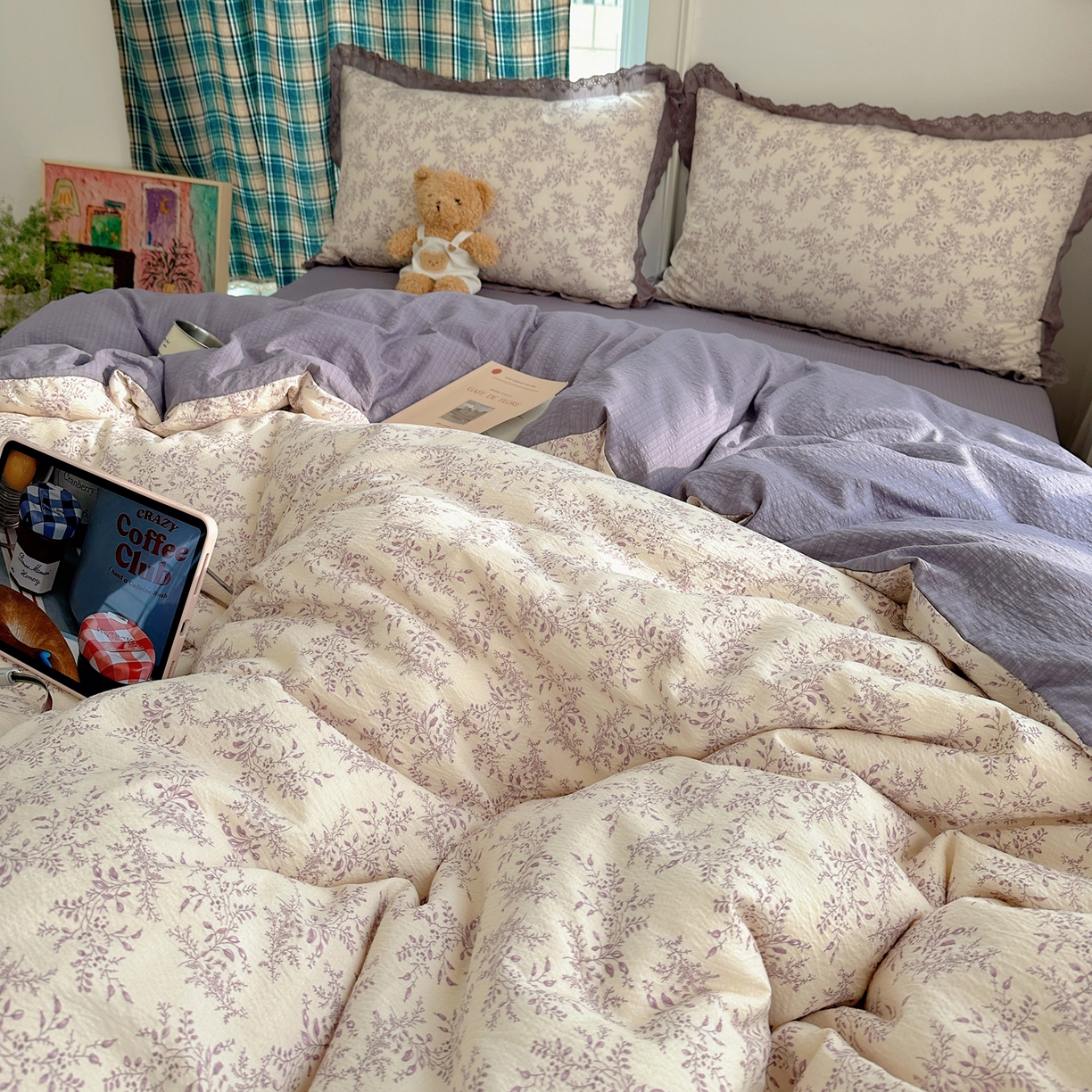 91家纺网 家纺一手货源 找家纺 一比一家纺 2026新款彩色花边木棉皱皱纱四件套 紫烟