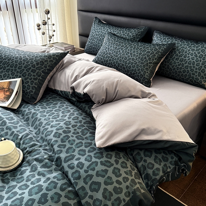 91家纺网 家纺一手货源 找家纺 色鬼布艺高端家居主号 2026新款豹纹水洗真丝款四件套 豹纹-绿