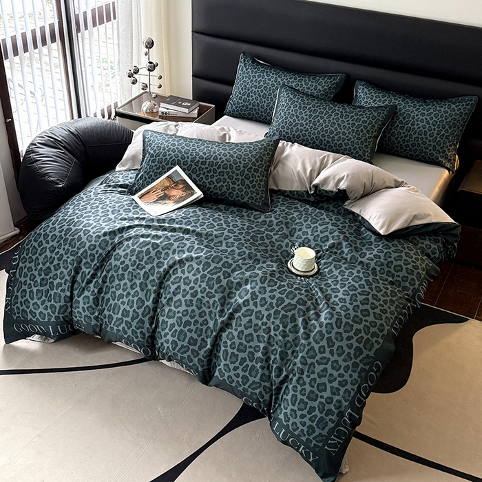 91家纺网 家纺一手货源 找家纺 色鬼布艺高端家居主号 2026新款豹纹水洗真丝款四件套 豹纹-绿