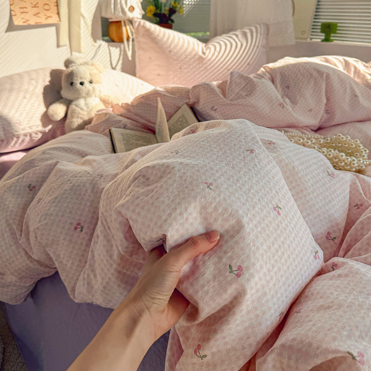 91家纺网 家纺一手货源 找家纺 多品家纺 2026年奶呼呼云感双层纱四件套 樱桃粉