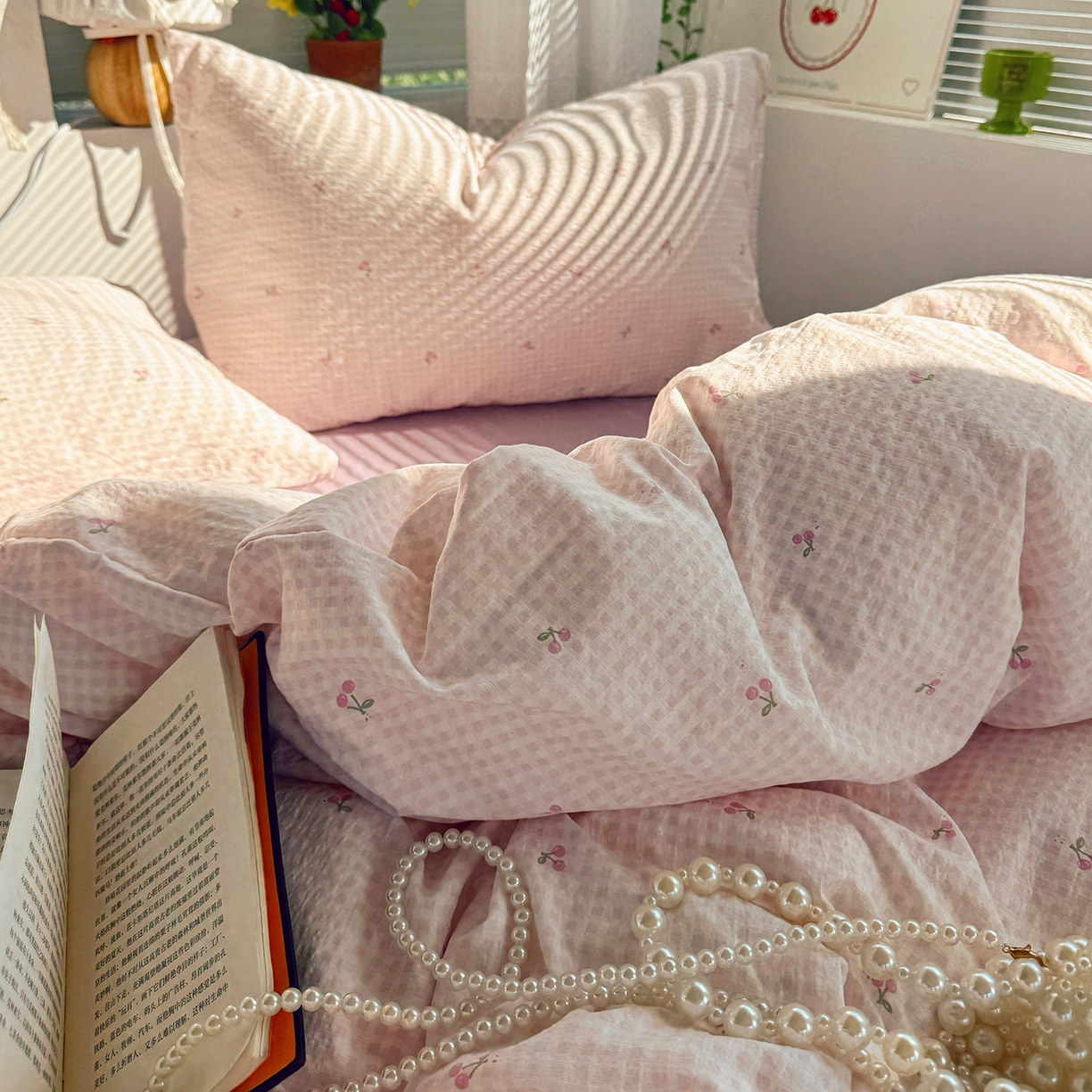 91家纺网 家纺一手货源 找家纺 多品家纺 2026年奶呼呼云感双层纱四件套 樱桃粉