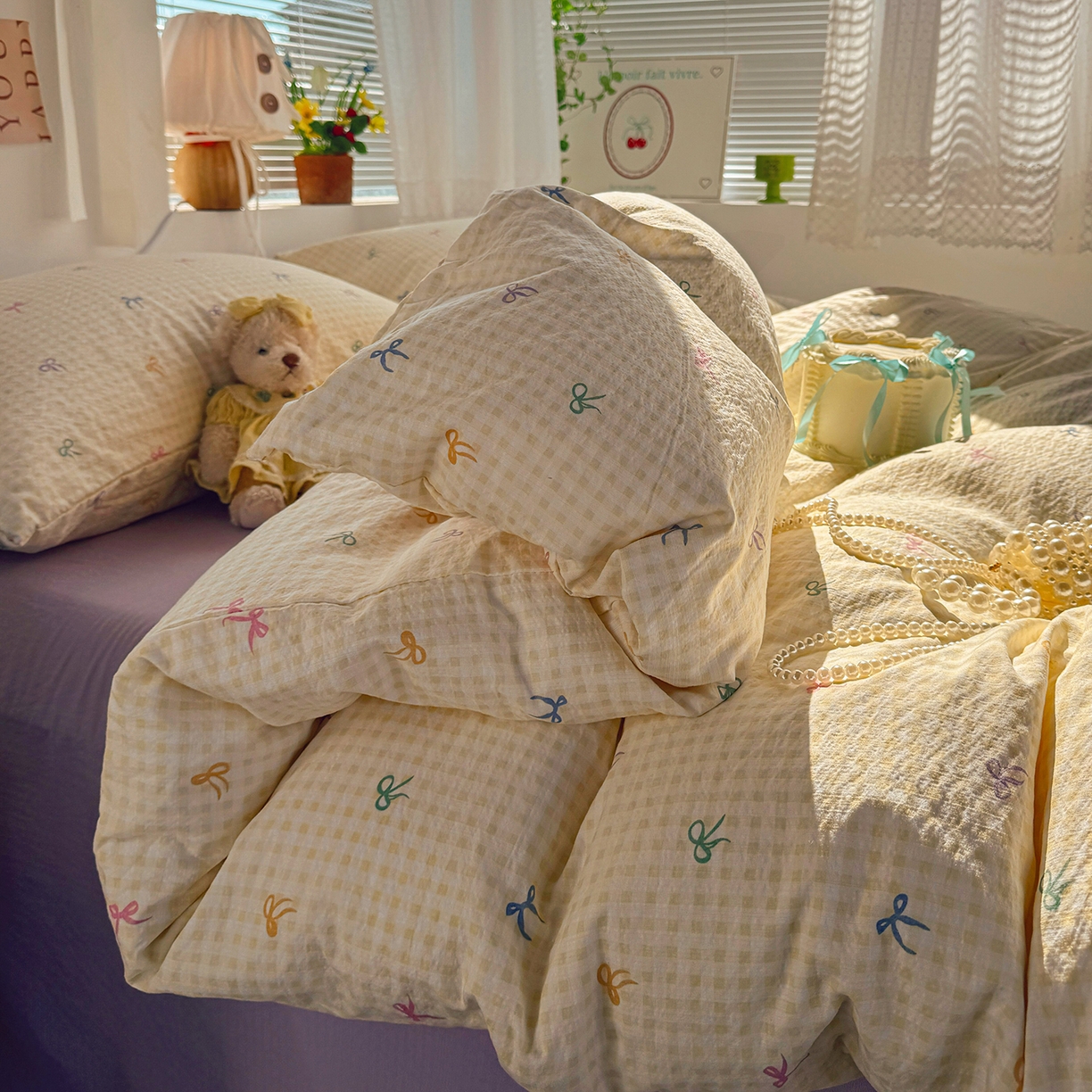 91家纺网 家纺一手货源 找家纺 多品家纺 2026年奶呼呼云感双层纱四件套 元气蝴蝶结