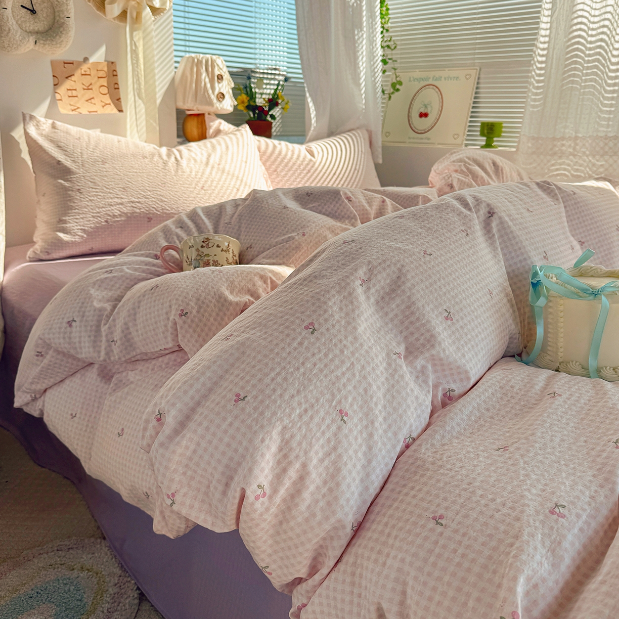 91家纺网 家纺一手货源 找家纺 多品家纺 2026年奶呼呼云感双层纱四件套 樱桃粉