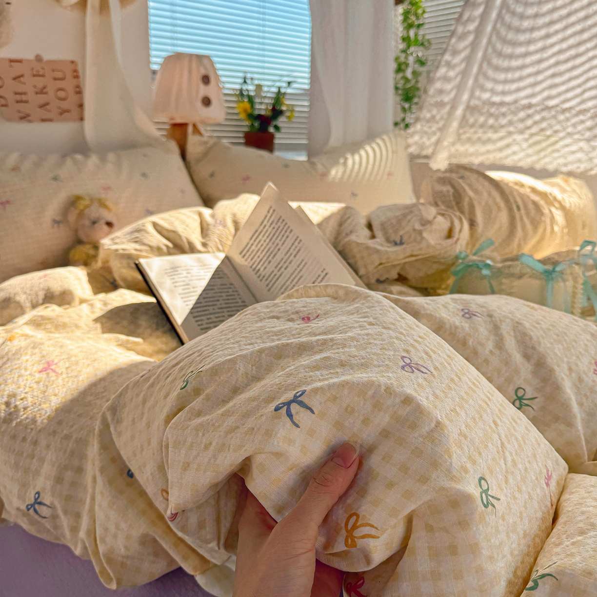 91家纺网 家纺一手货源 找家纺 多品家纺 2026年奶呼呼云感双层纱四件套 元气蝴蝶结