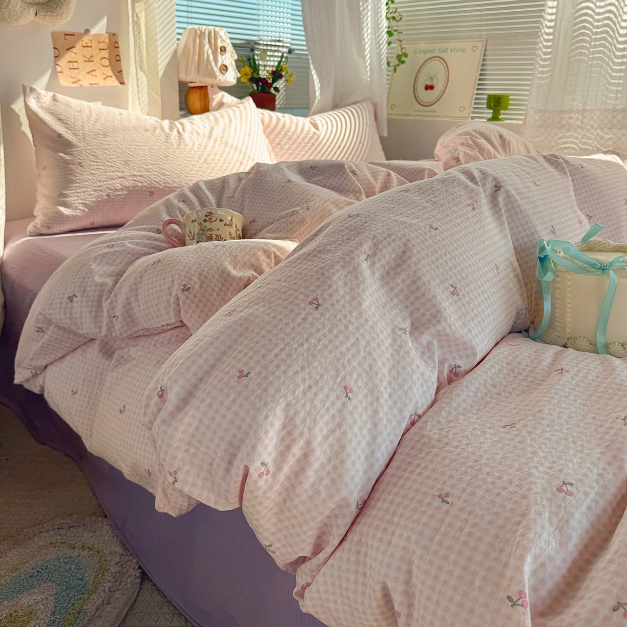 91家纺网 家纺一手货源 找家纺 多品家纺 2026年奶呼呼云感双层纱四件套 樱桃粉