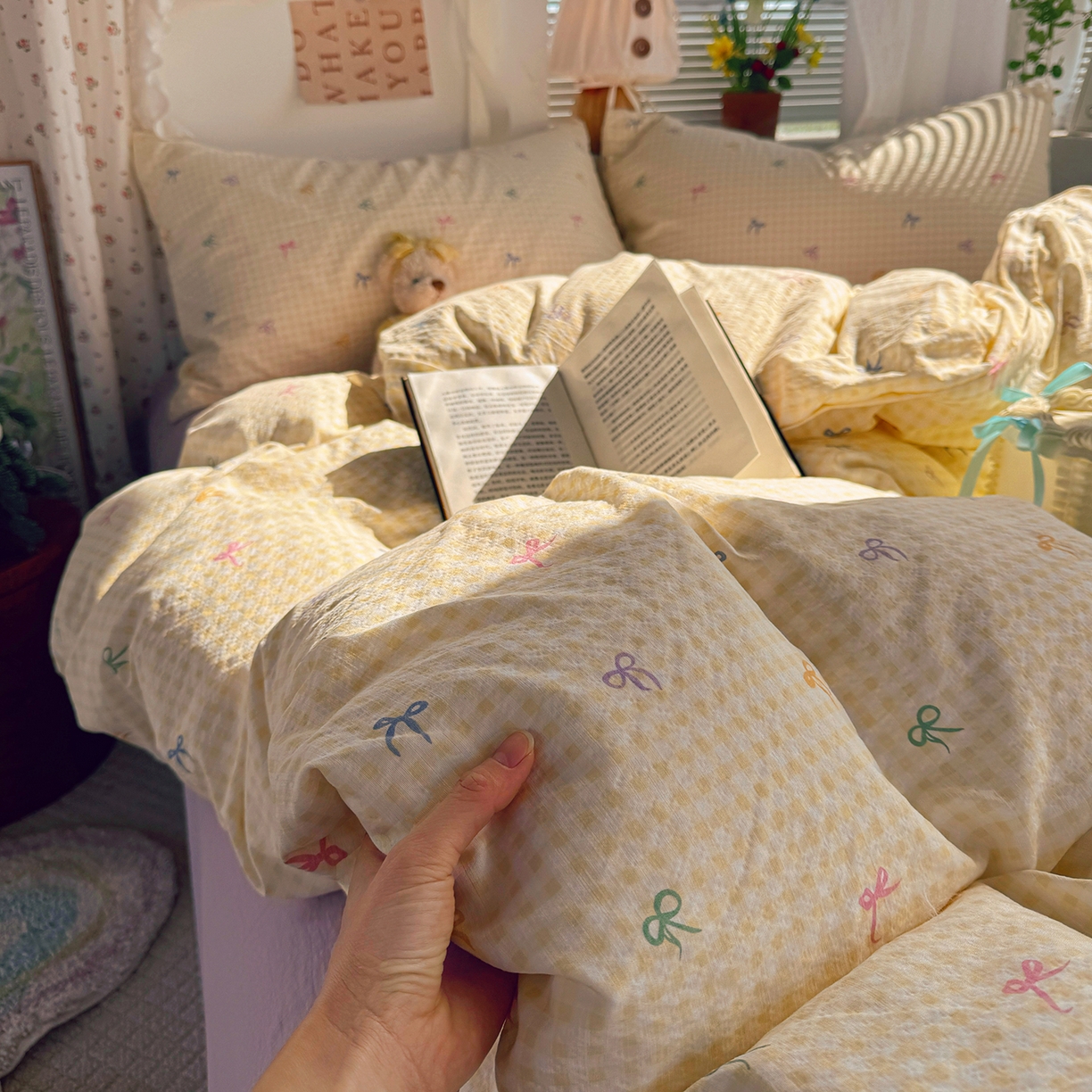 91家纺网 家纺一手货源 找家纺 多品家纺 2026年奶呼呼云感双层纱四件套 元气蝴蝶结