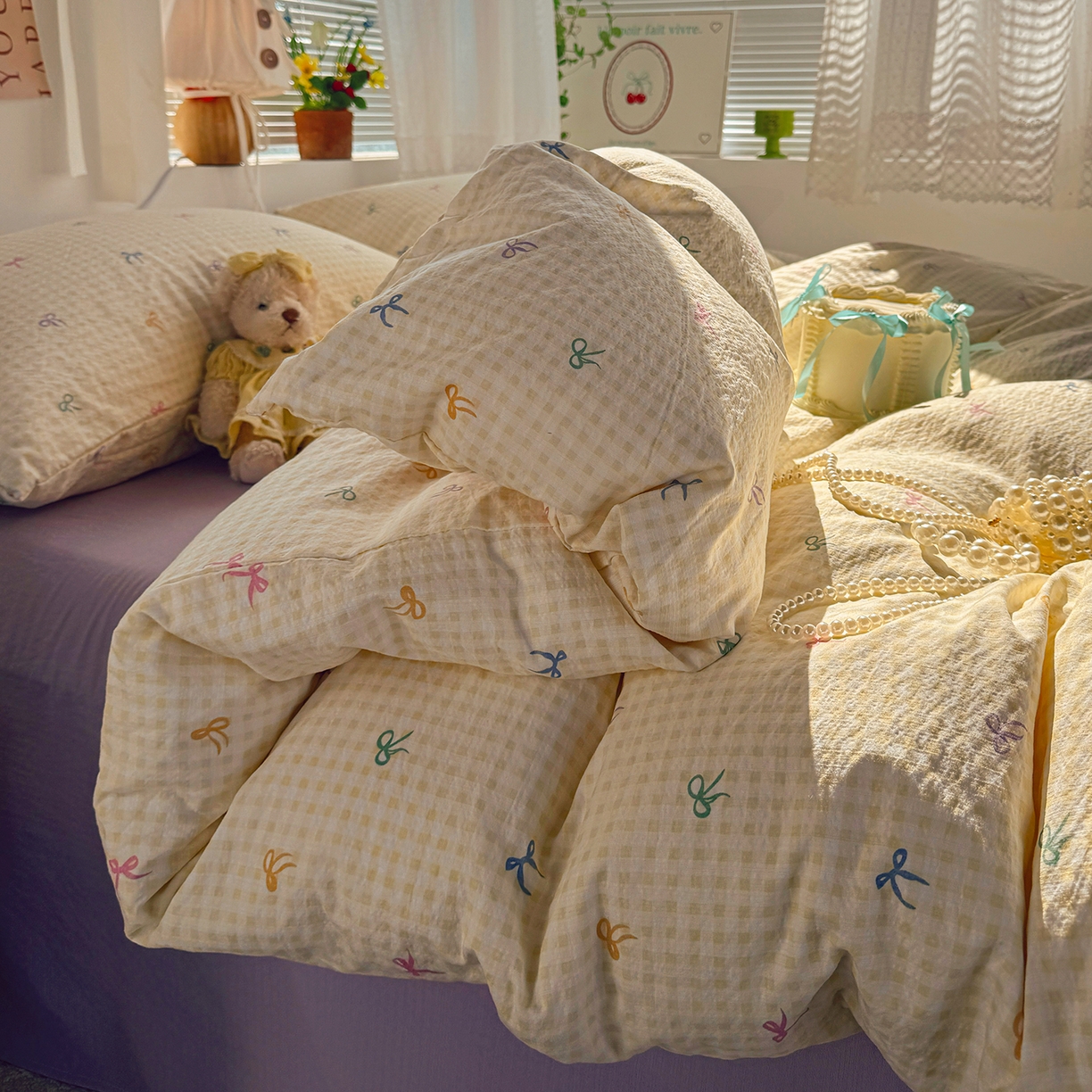 91家纺网 家纺一手货源 找家纺 多品家纺 2026年奶呼呼云感双层纱四件套 元气蝴蝶结