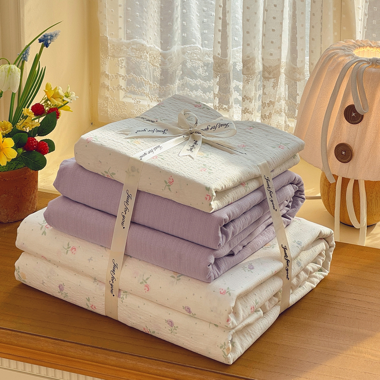 多品家纺 2026年奶呼呼云感双层纱四件套 白露紫