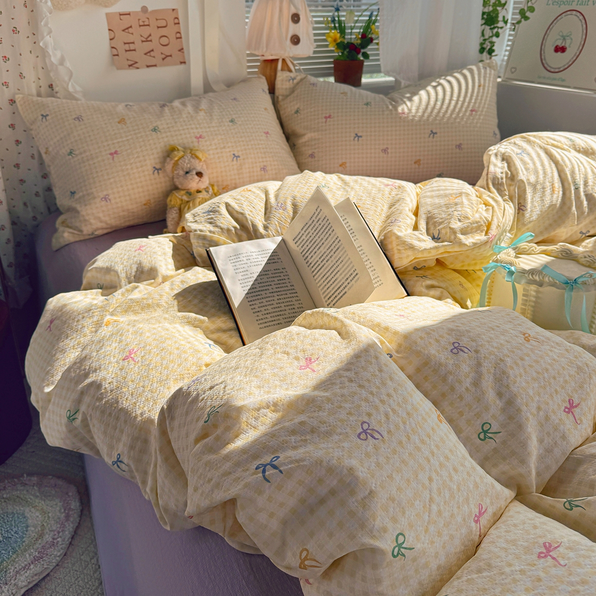 91家纺网 家纺一手货源 找家纺 多品家纺 2026年奶呼呼云感双层纱四件套 元气蝴蝶结