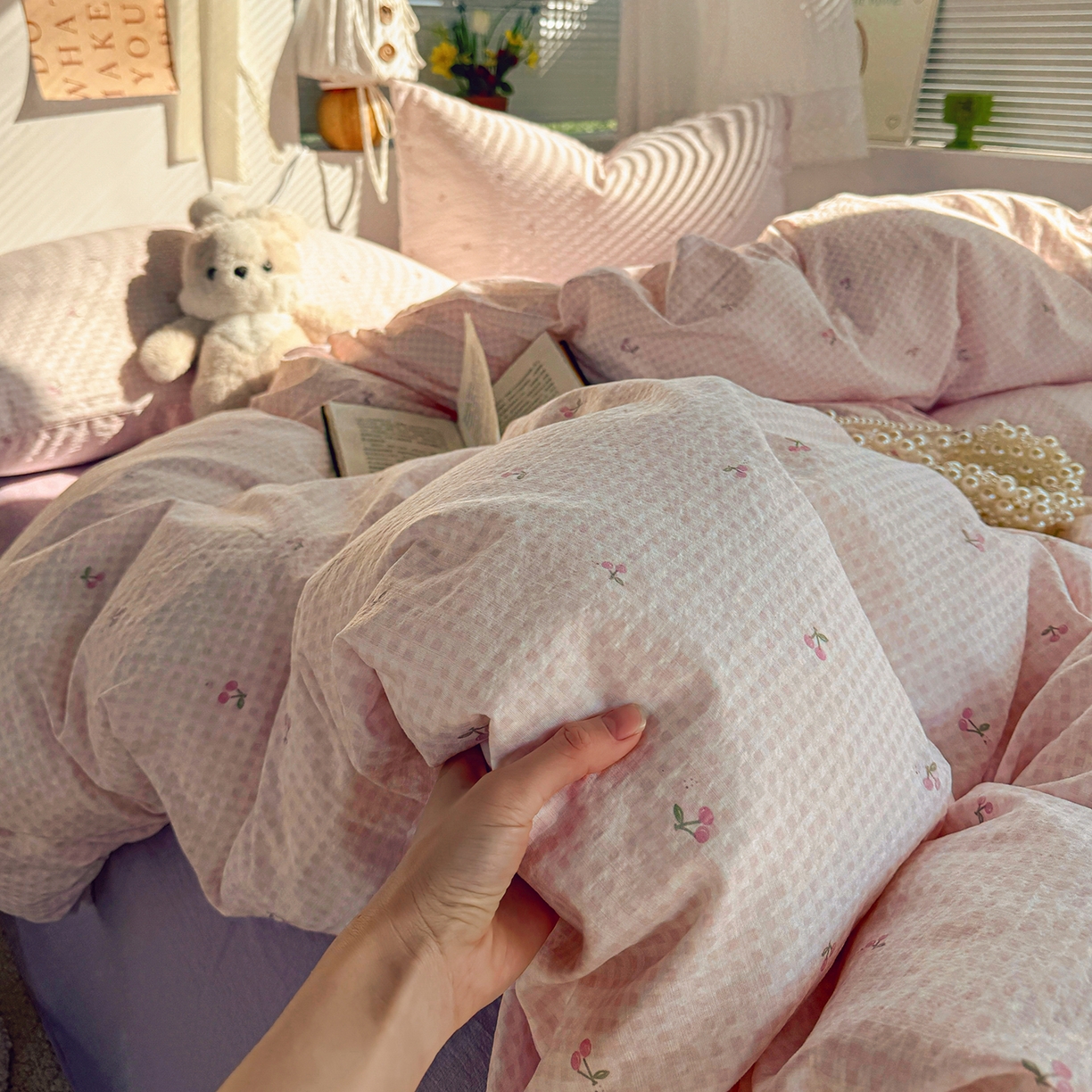 91家纺网 家纺一手货源 找家纺 多品家纺 2026年奶呼呼云感双层纱四件套 樱桃粉