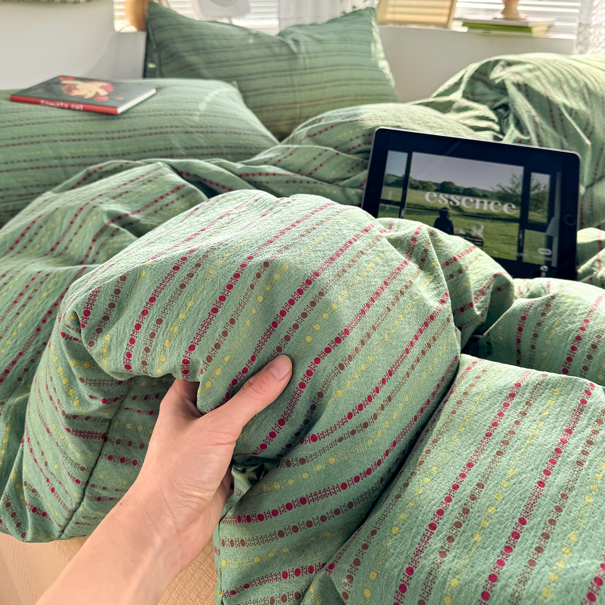 91家纺网 家纺一手货源 找家纺 多品家纺 2026年奶呼呼云感双层纱四件套 薄荷青柚