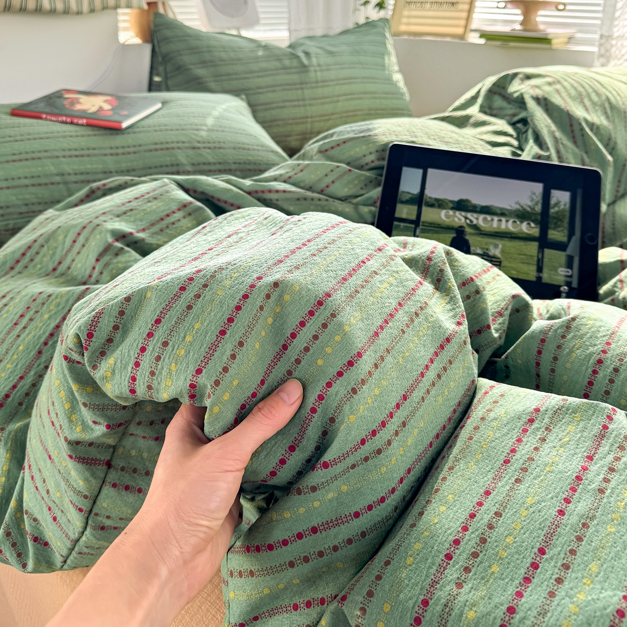 91家纺网 家纺一手货源 找家纺 多品家纺 2026年奶呼呼云感双层纱四件套 薄荷青柚