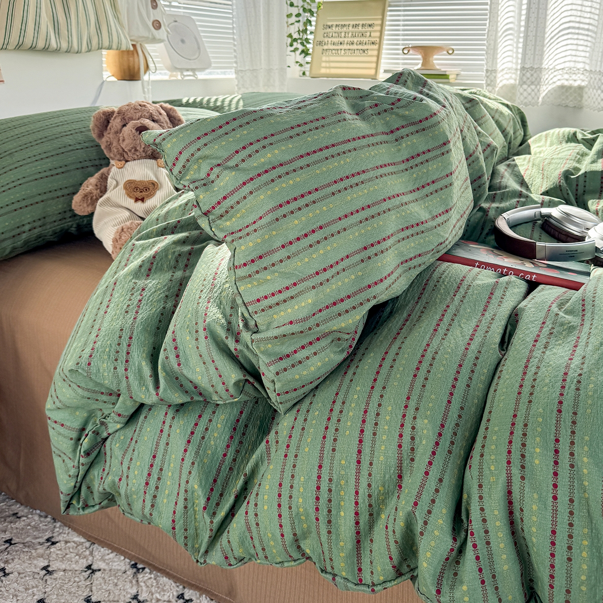 91家纺网 家纺一手货源 找家纺 多品家纺 2026年奶呼呼云感双层纱四件套 薄荷青柚