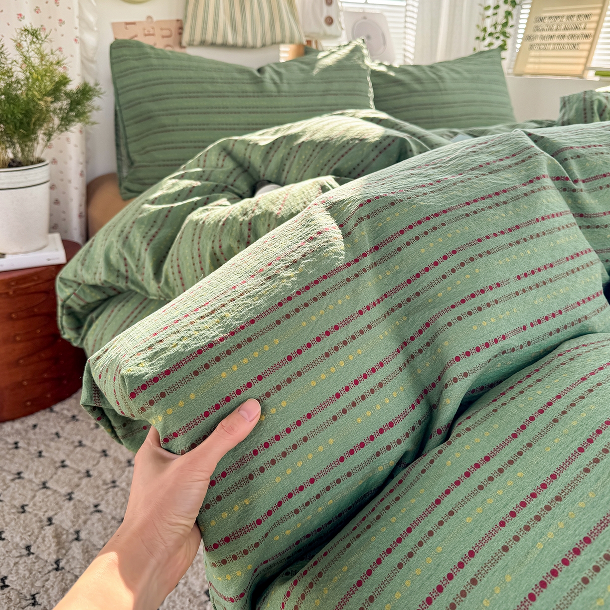 91家纺网 家纺一手货源 找家纺 多品家纺 2026年奶呼呼云感双层纱四件套 薄荷青柚