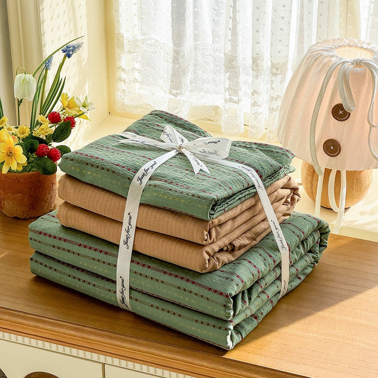 多品家纺 2026年奶呼呼云感双层纱四件套 薄荷青柚