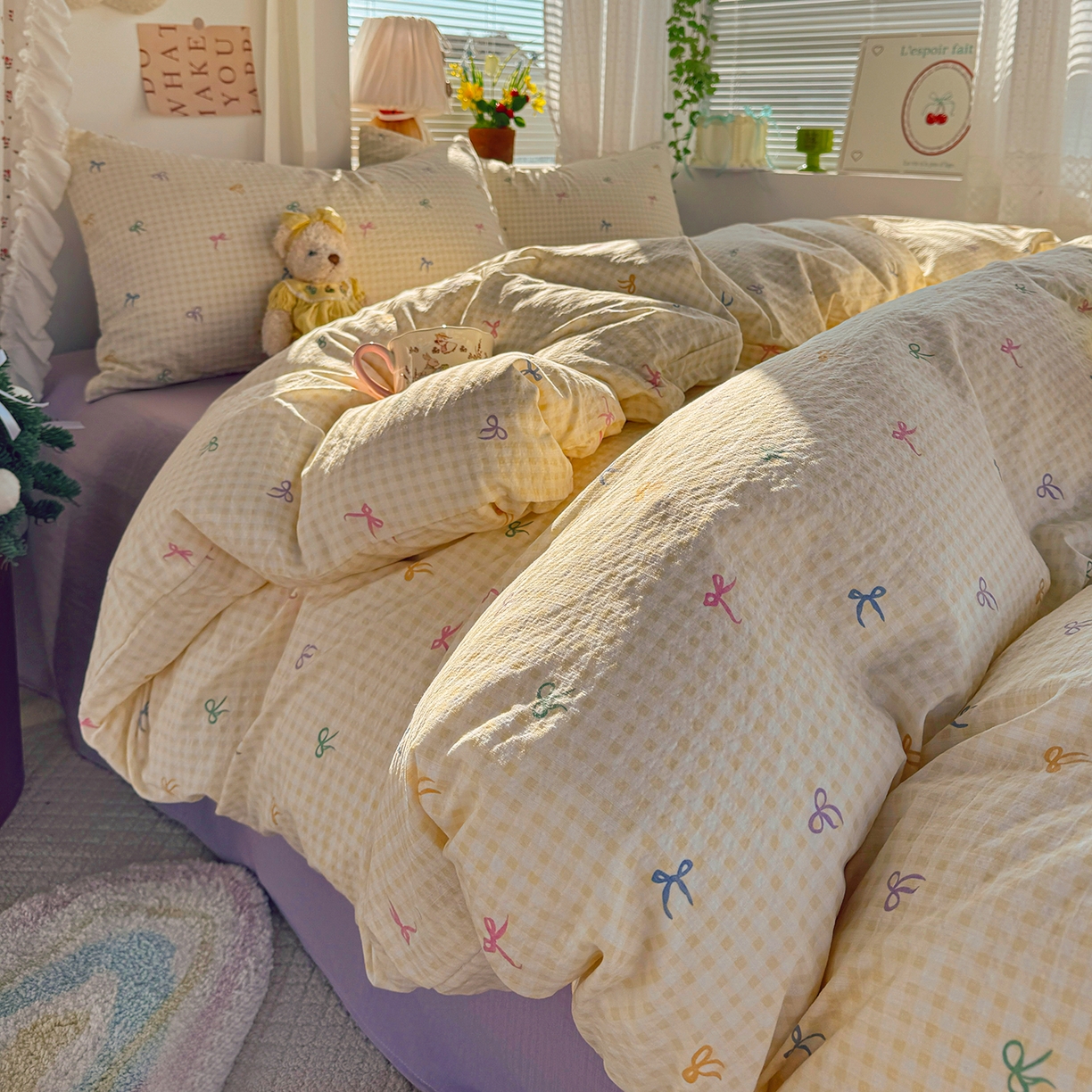 91家纺网 家纺一手货源 找家纺 多品家纺 2026年奶呼呼云感双层纱四件套 元气蝴蝶结