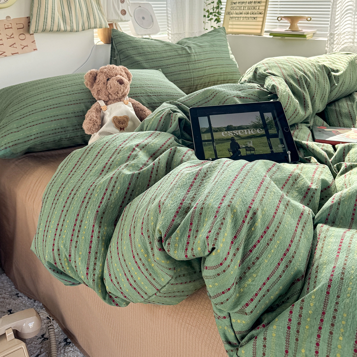 91家纺网 家纺一手货源 找家纺 多品家纺 2026年奶呼呼云感双层纱四件套 薄荷青柚