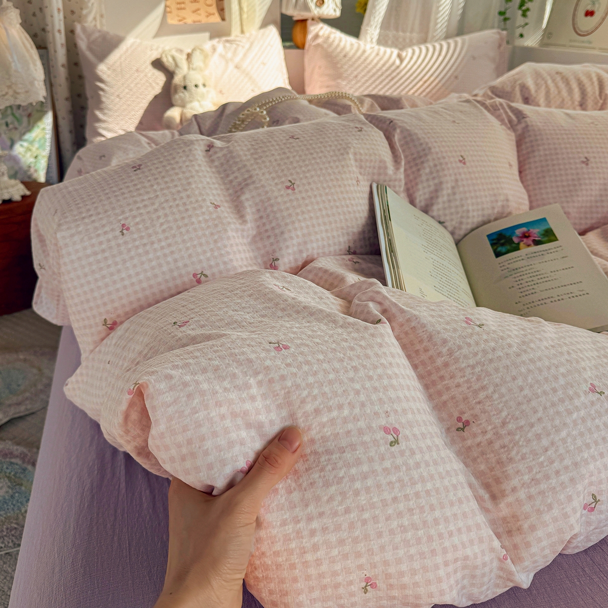 91家纺网 家纺一手货源 找家纺 多品家纺 2026年奶呼呼云感双层纱单被套 被套单件 樱桃粉