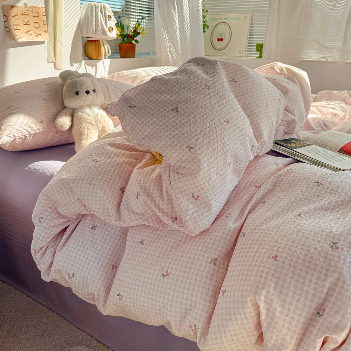 91家纺网 家纺一手货源 找家纺 多品家纺 2026年奶呼呼云感双层纱单被套 被套单件 樱桃粉