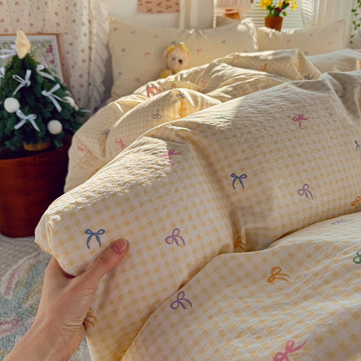 91家纺网 家纺一手货源 找家纺 多品家纺 2026年奶呼呼云感双层纱单被套 被套单件 元气蝴蝶结