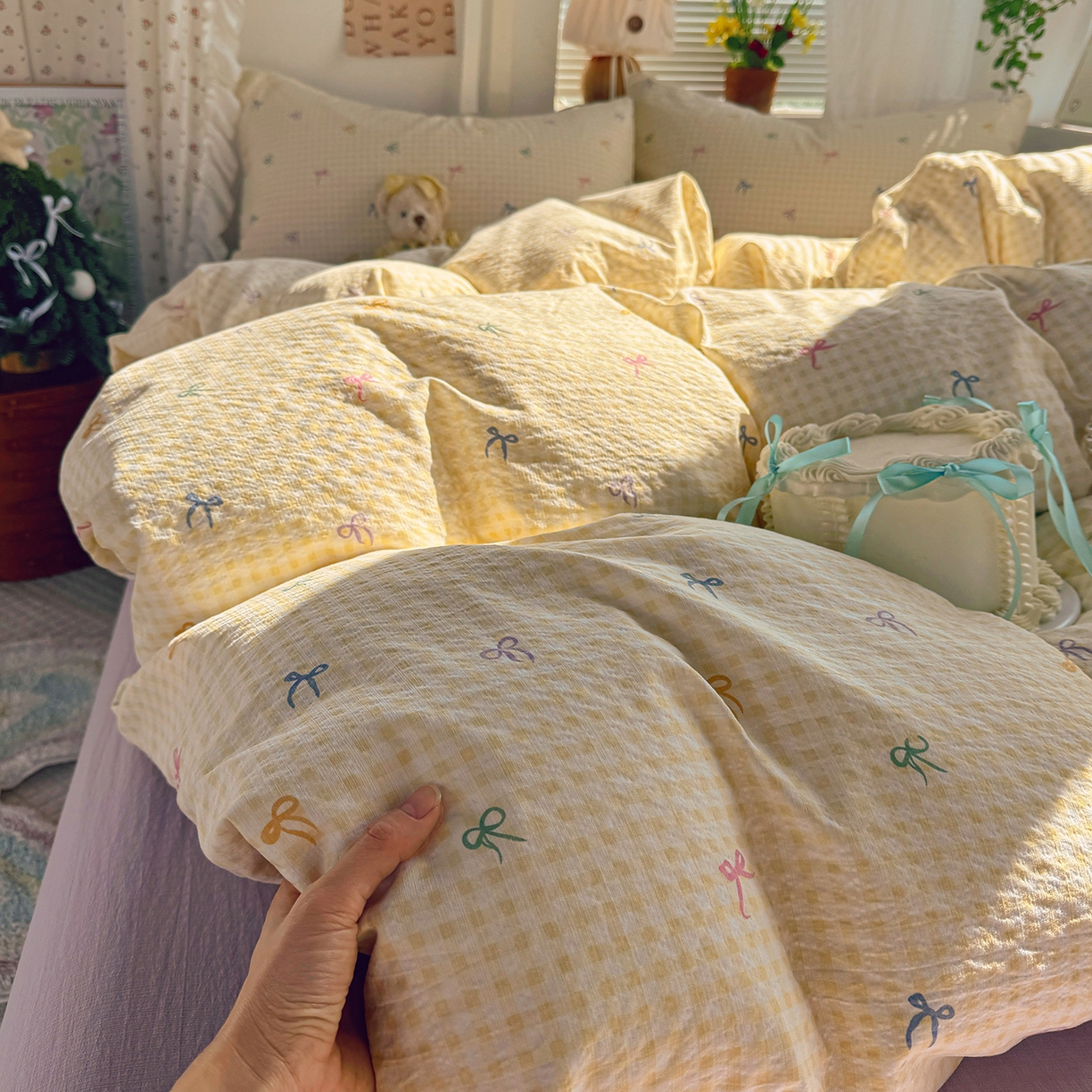 91家纺网 家纺一手货源 找家纺 多品家纺 2026年奶呼呼云感双层纱单被套 被套单件 元气蝴蝶结