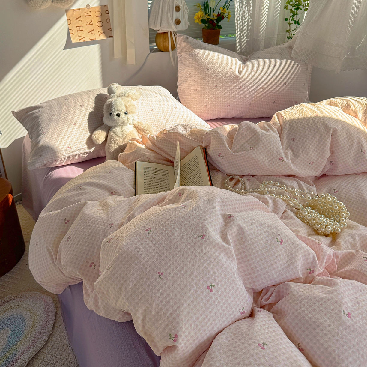 91家纺网 家纺一手货源 找家纺 多品家纺 2026年奶呼呼云感双层纱单被套 被套单件 樱桃粉