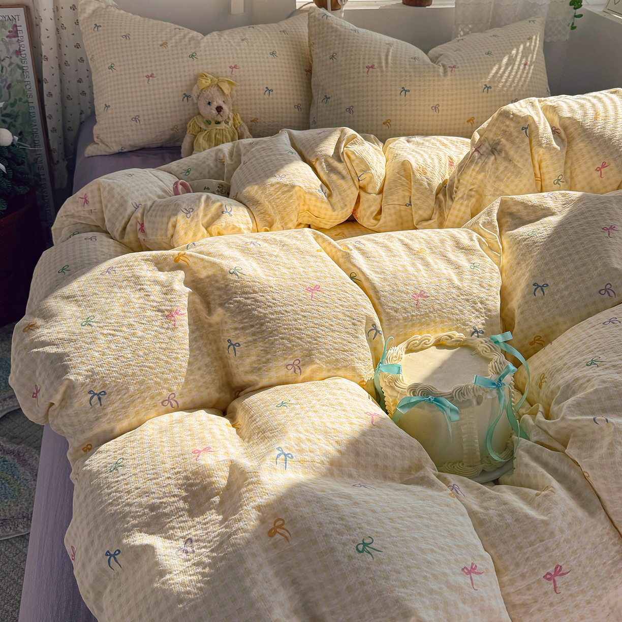 91家纺网 家纺一手货源 找家纺 多品家纺 2026年奶呼呼云感双层纱单被套 被套单件 元气蝴蝶结