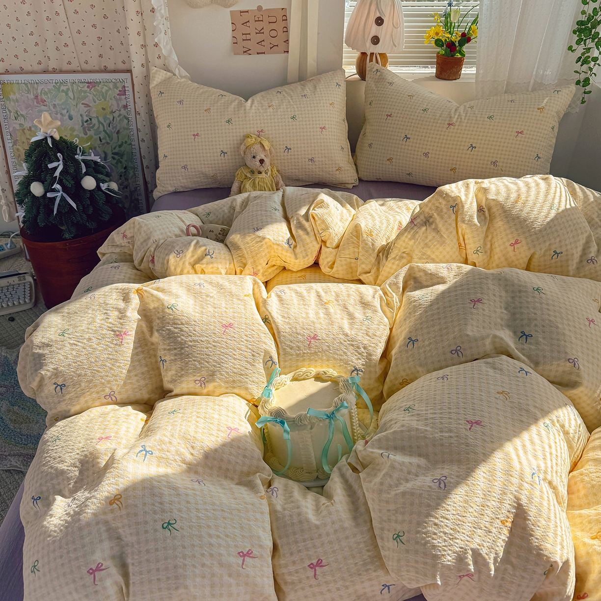 91家纺网 家纺一手货源 找家纺 多品家纺 2026年奶呼呼云感双层纱单被套 被套单件 元气蝴蝶结