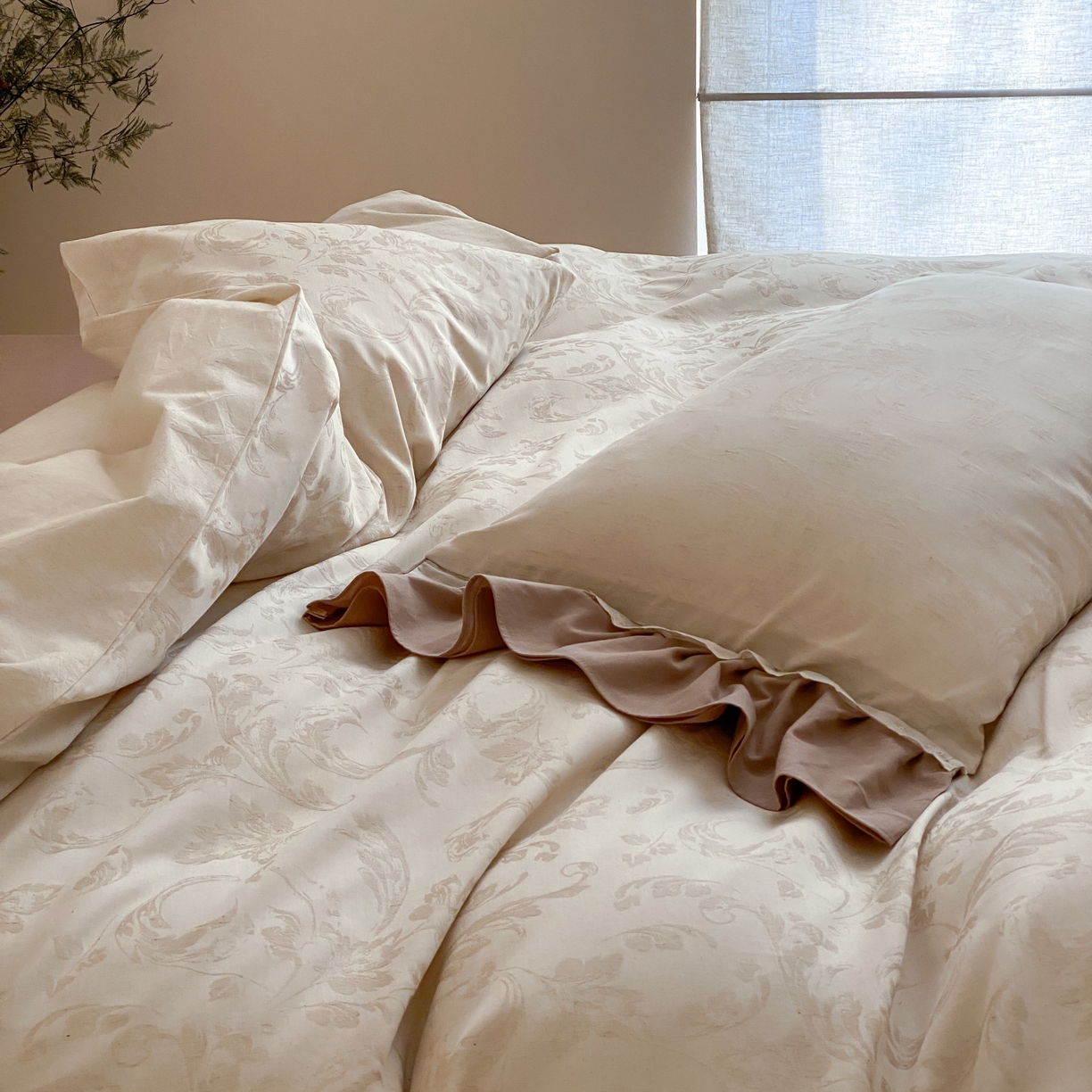 91家纺网 家纺一手货源 找家纺 （总）玉宇阁家居 2026新款色织棉麻大提花四件套-花边款