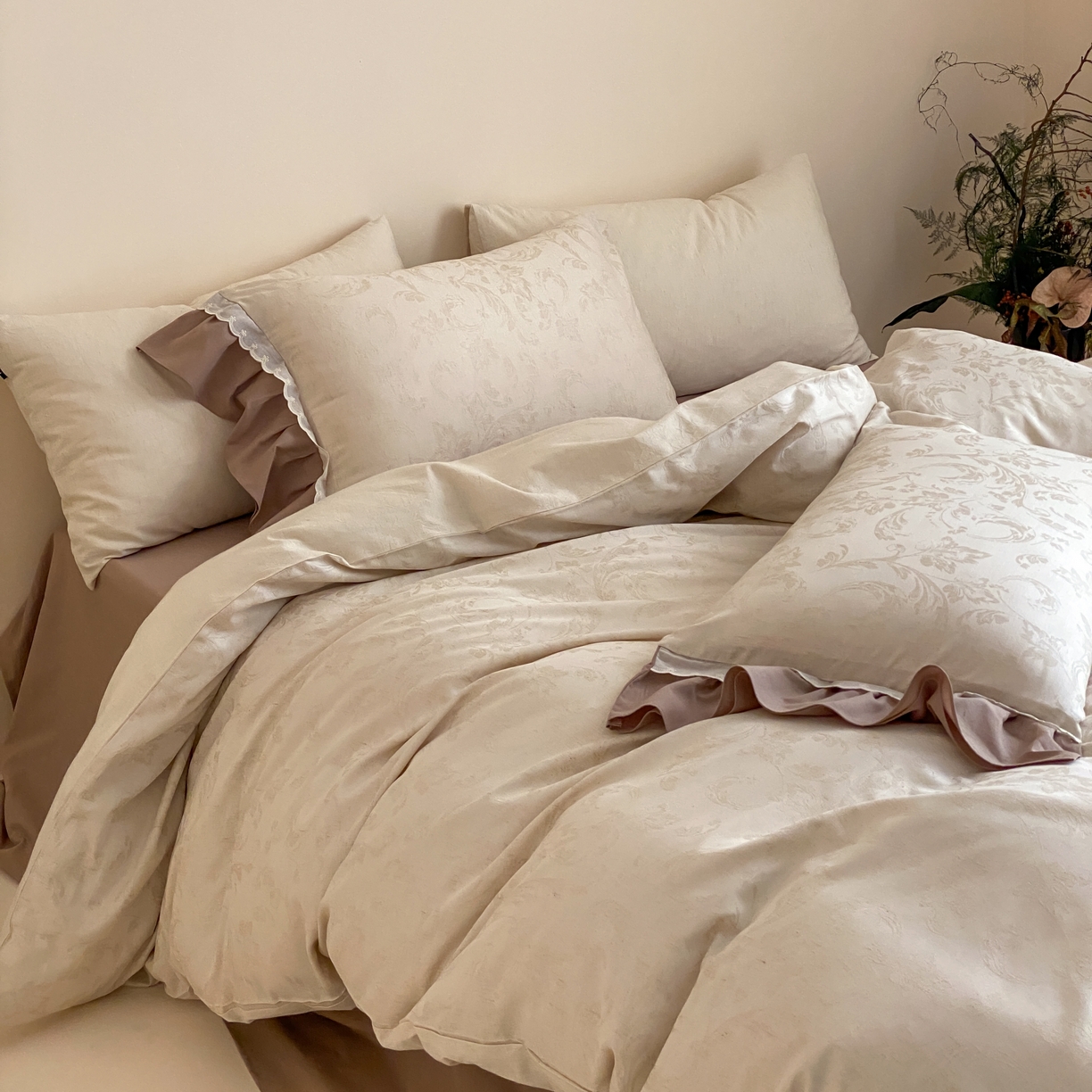 91家纺网 家纺一手货源 找家纺 玉宇阁家居 2026新款色织棉麻大提花四件套-花边款 花边款-植屿