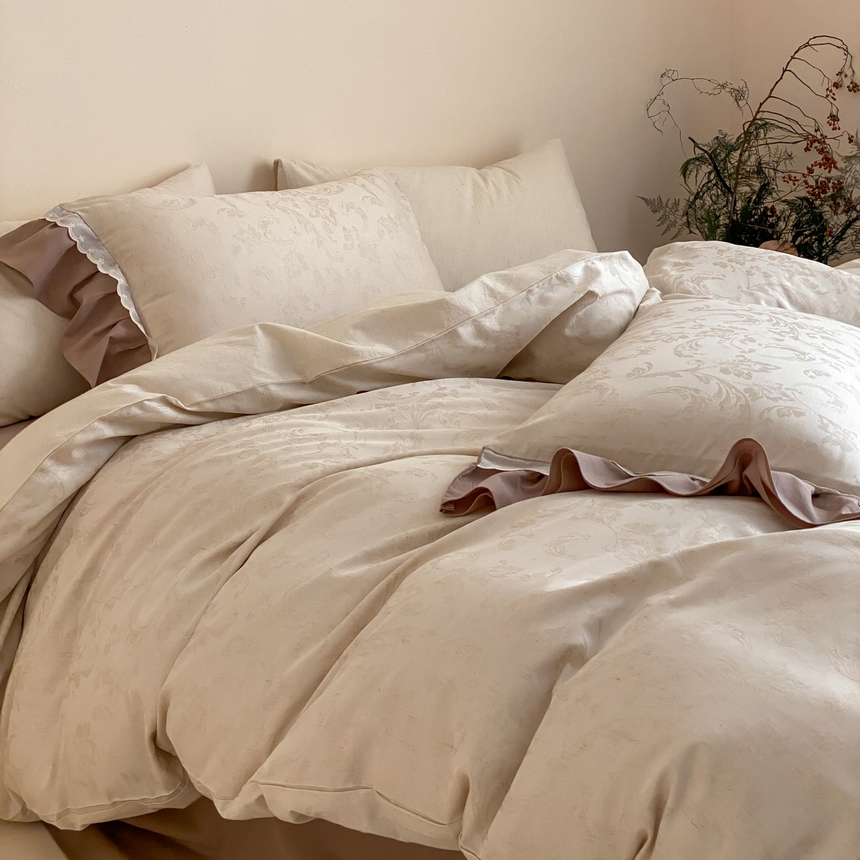 91家纺网 家纺一手货源 找家纺 玉宇阁家居 2026新款色织棉麻大提花四件套-花边款 花边款-植屿