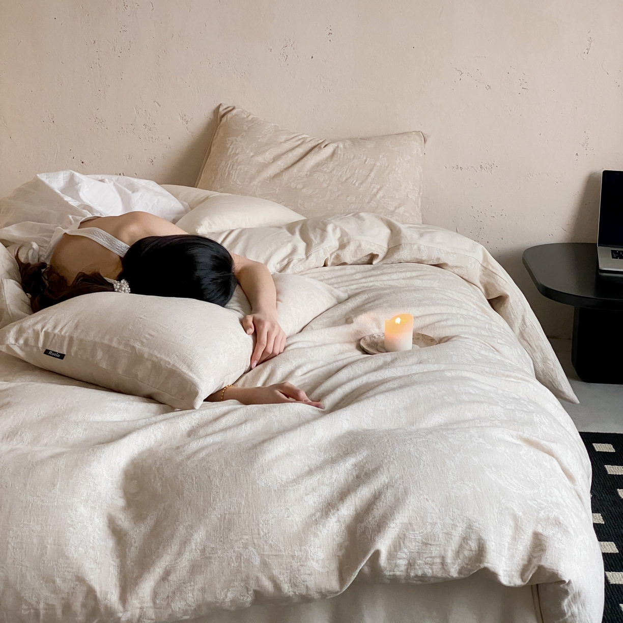 91家纺网 家纺一手货源 找家纺 玉宇阁家居 2026新款色织棉麻大提花四件套-简约款 简约款-莳光-浅痕