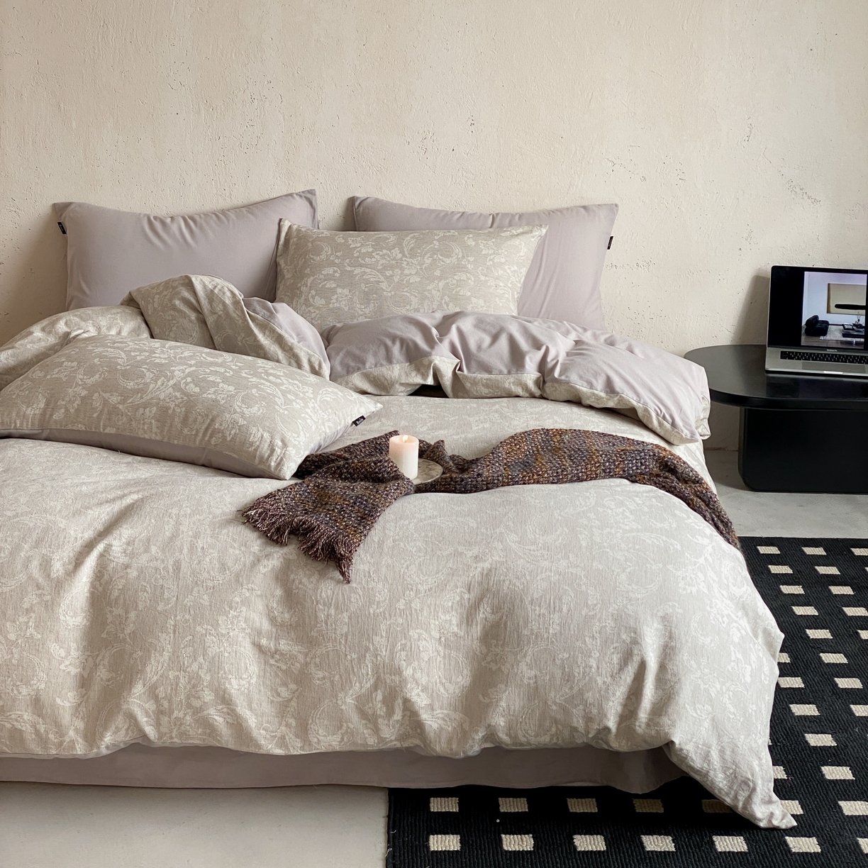 91家纺网 家纺一手货源 找家纺 玉宇阁家居 2026新款色织棉麻大提花四件套-简约款 简约款-莳光-苒