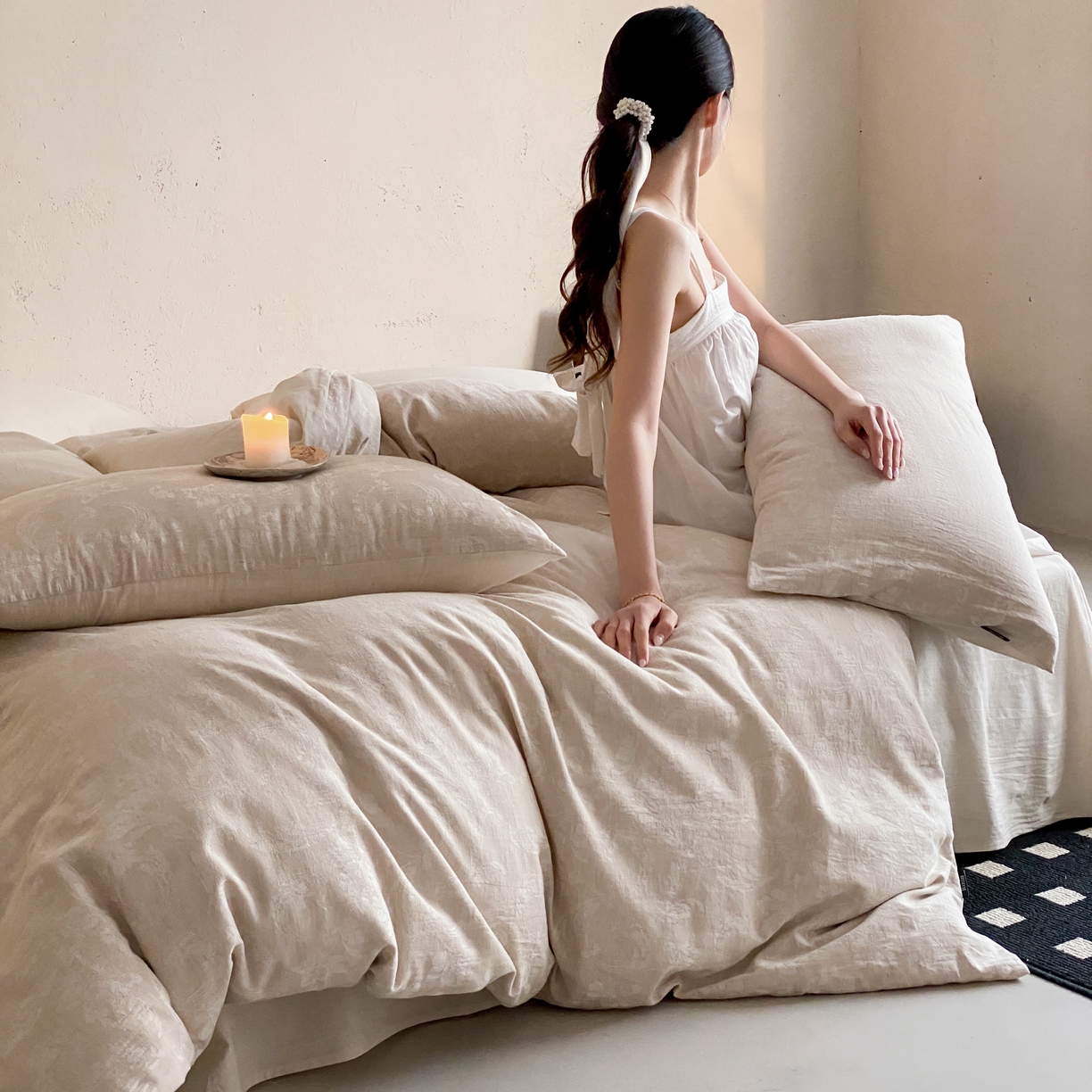 91家纺网 家纺一手货源 找家纺 玉宇阁家居 2026新款色织棉麻大提花四件套-简约款 简约款-莳光-浅痕