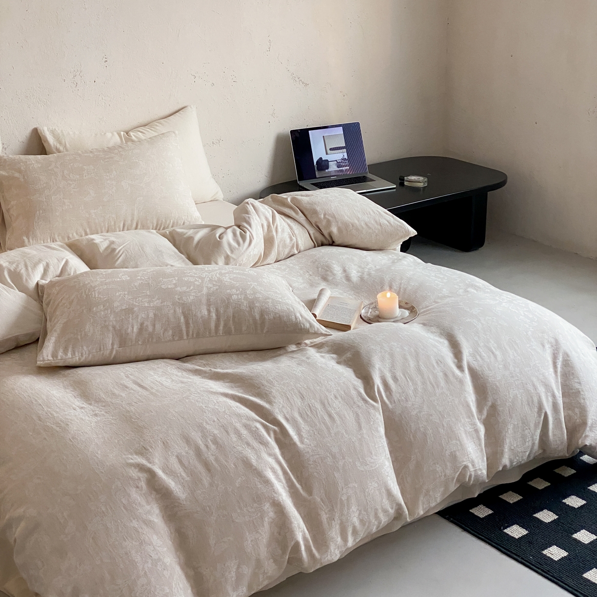 91家纺网 家纺一手货源 找家纺 玉宇阁家居 2026新款色织棉麻大提花四件套-简约款 简约款-莳光-浅痕