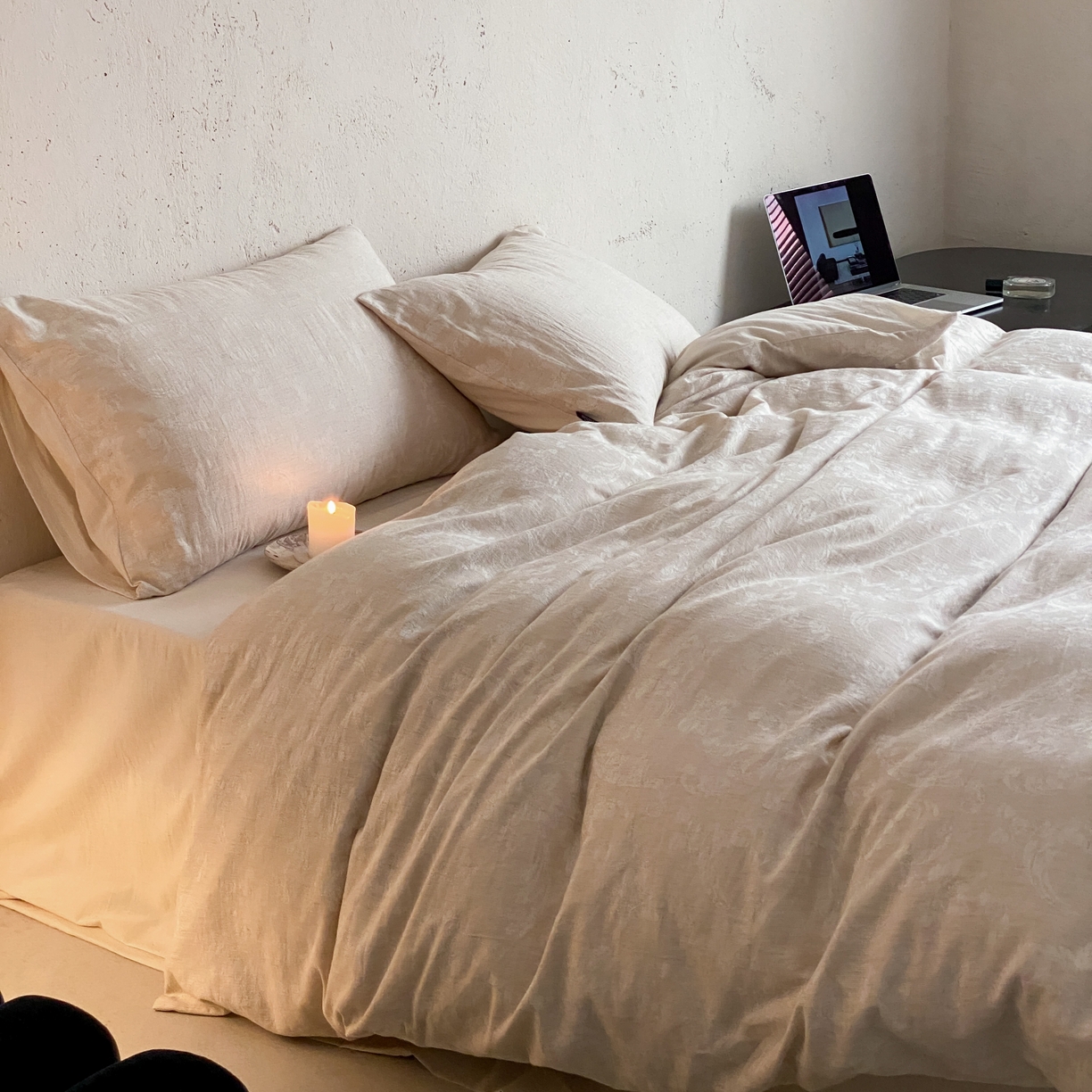 91家纺网 家纺一手货源 找家纺 玉宇阁家居 2026新款色织棉麻大提花四件套-简约款 简约款-莳光-浅痕